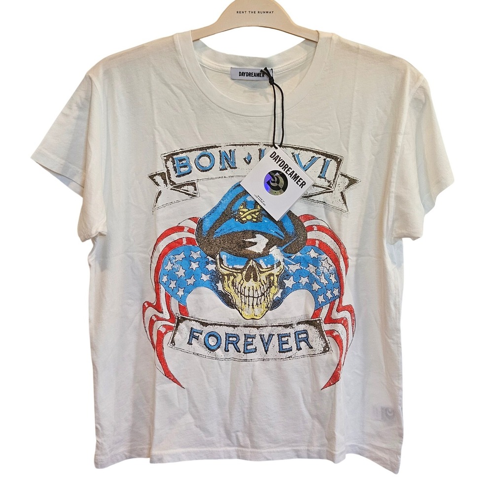 Daydreamer Bon Jovi Forever Graphic Tee White Distressed Rock Band Shirt L NEW - Picture 2 of 5